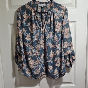 Floral Print Blouse in Blue and Cream